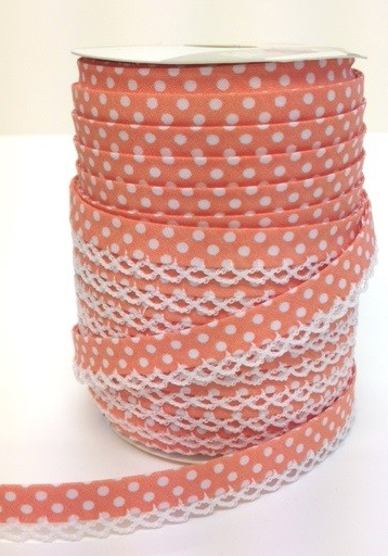 Salmon spot lace bias binding (double fold) PRICED PER METRE