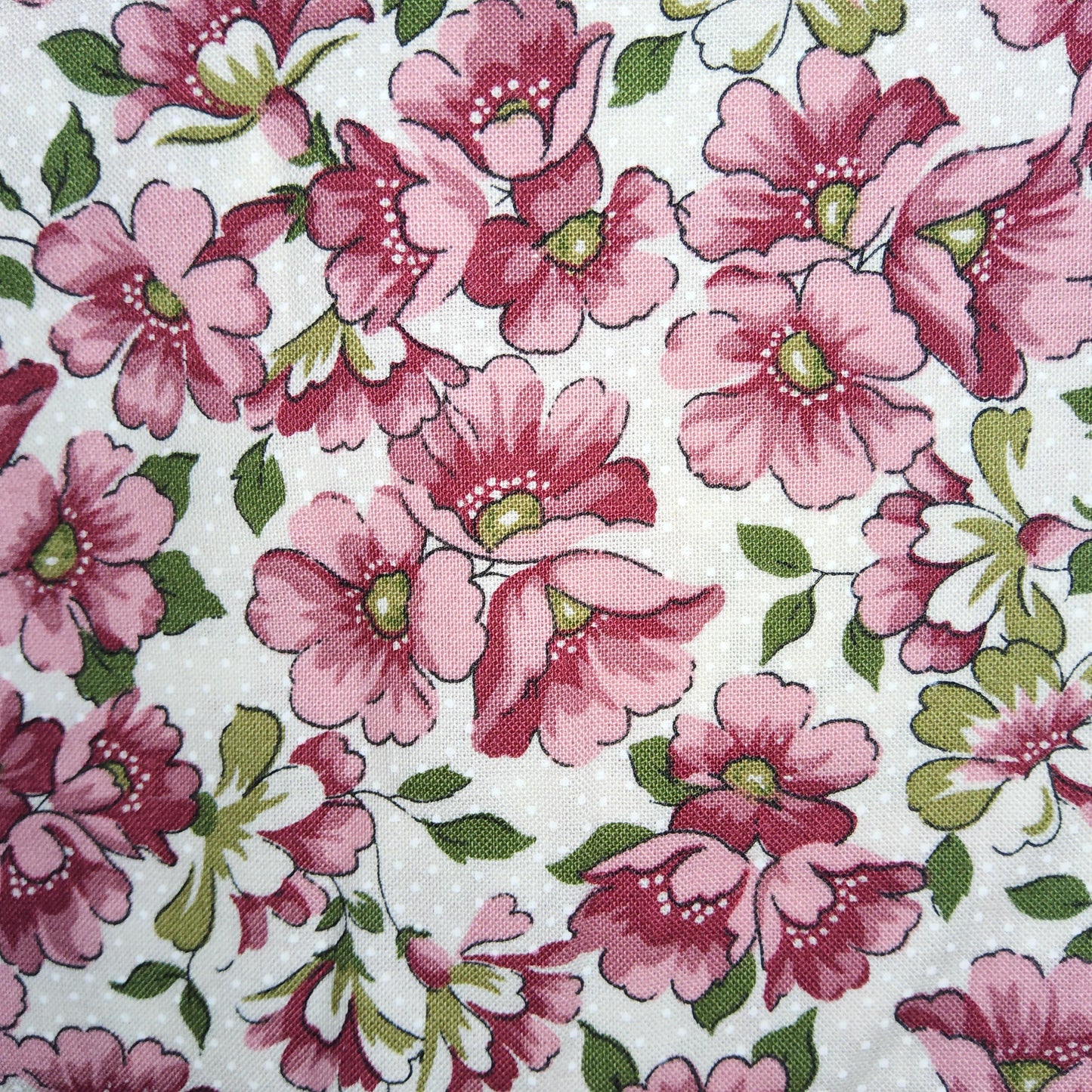 Hooked on Hankies pink flowers on white pindot background RJR FABRICS 4931