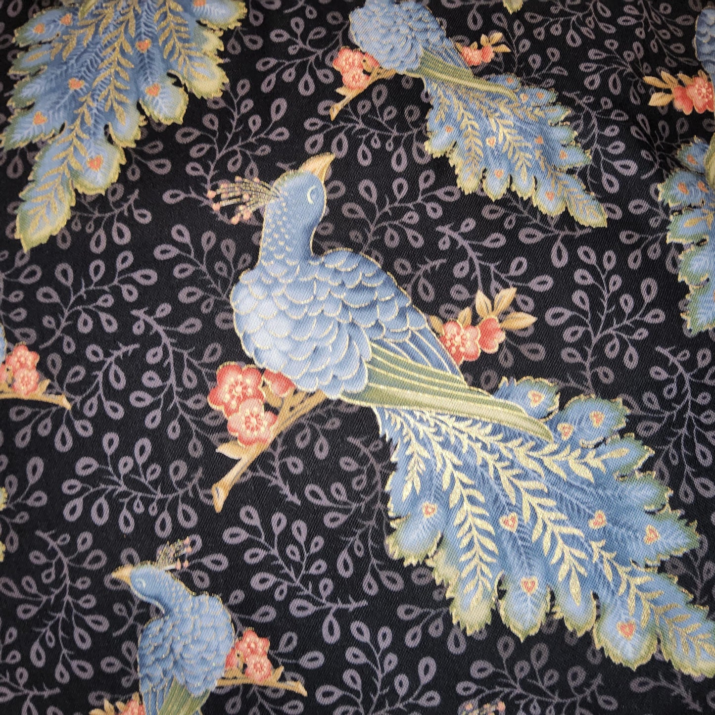 Faye Burgos for Marcus Fabrics cotton metallic lyre bird blue peach. *