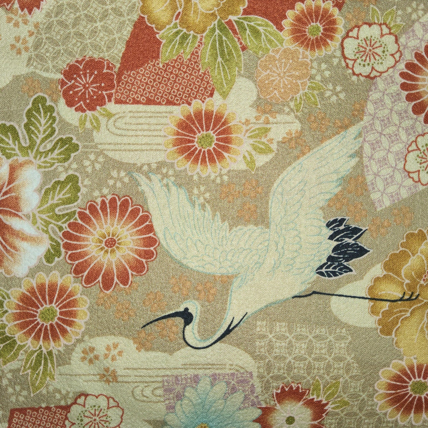 Japanese cotton crepe fabric cranes and flowers beige *