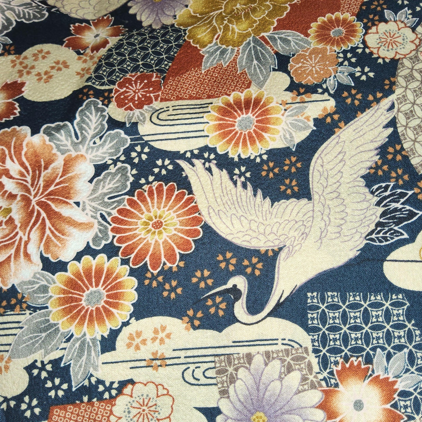 Japanese cotton crepe fabric navy cranes and flowers *