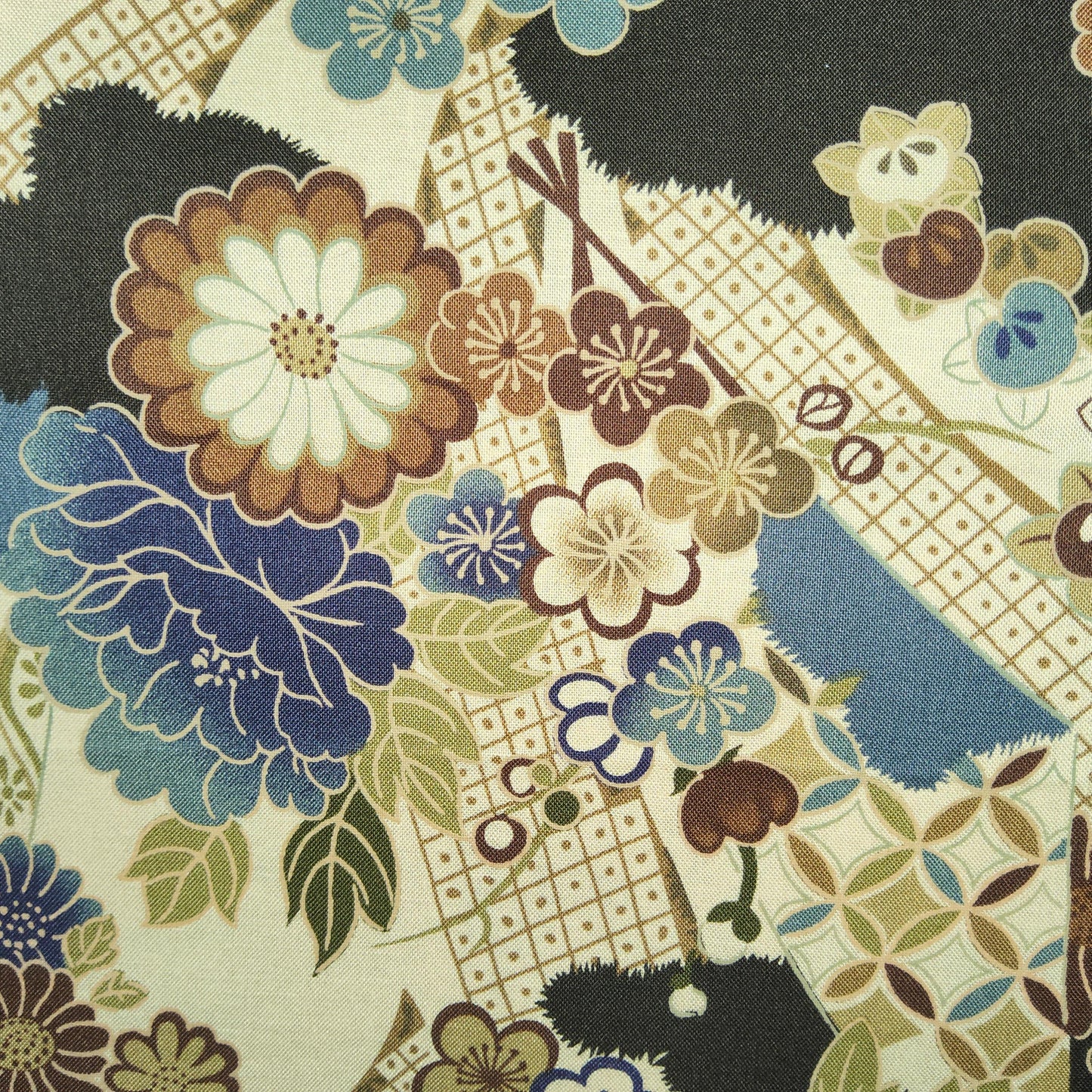 Japanese vintage blossoms - blue rust cream black **