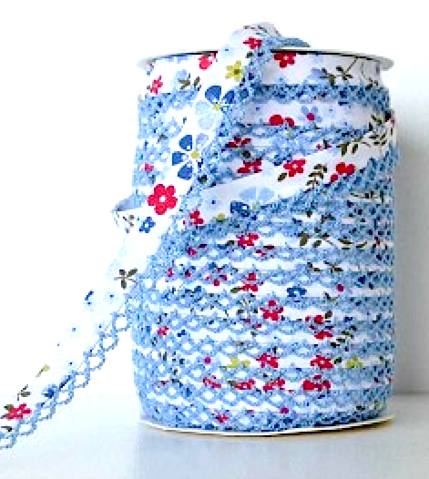 Blue red floral lace bias binding (double fold) PRICED PER METRE