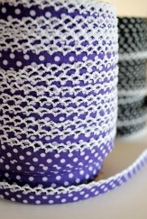 Purple spot lace bias binding (double fold) PRICED PER METRE