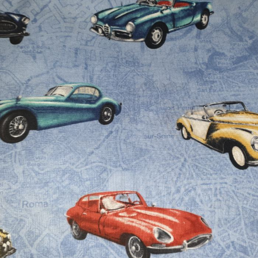 Timeless Treasures Era C3277 Old cars on faded European map in blue