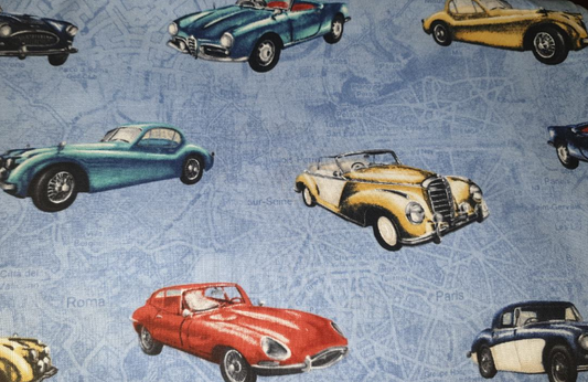 Timeless Treasures Era C3277 Old cars on faded European map in blue