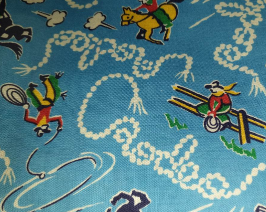 Vintage Cowboys - Feedsack Reproduction Print - Rodeo blue (Cowboys and Indians)