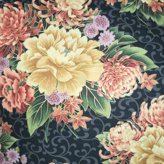 Faye Burgos for Marcus Fabrics Chrysanthemums on black *