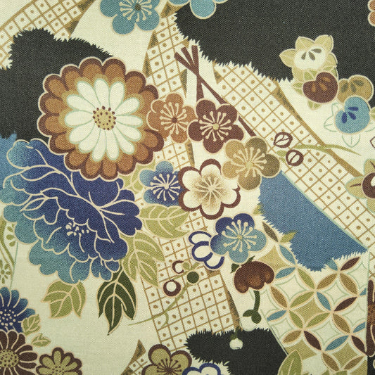 Japanese vintage blossoms - blue rust cream black **